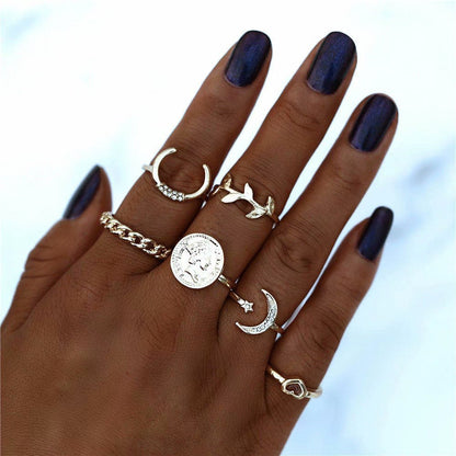 Match Sets Metal Diamond Love Moon Knuckle Ring 6-piece Set