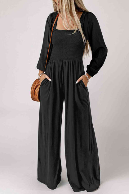 Square Neck Raglan Sleeve Jumpsuit with Pocket