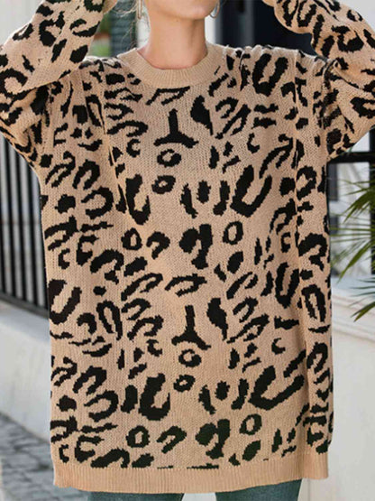 Leopard Round Neck Tunic Oversized Sweater