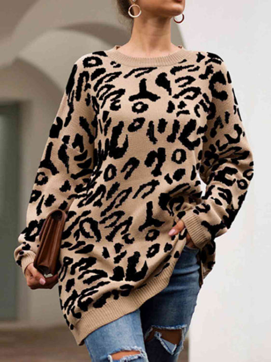 Leopard Round Neck Tunic Oversized Sweater