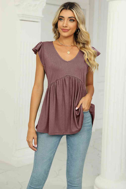 V-Neck Flutter Sleeve Babydoll Blouse