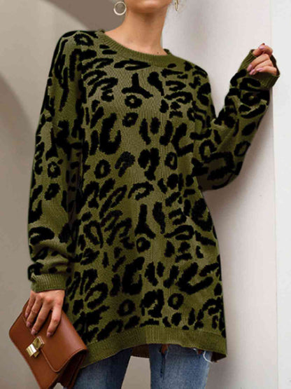 Leopard Round Neck Tunic Oversized Sweater