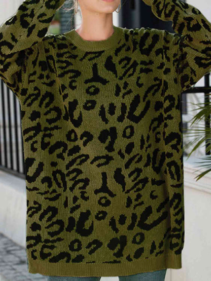 Leopard Round Neck Tunic Oversized Sweater