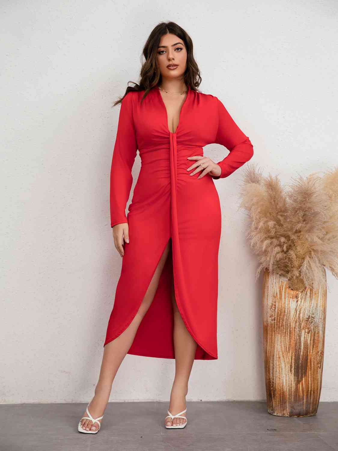 red dress, plunge, ruched, holiday, sexy, party, christmas