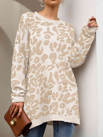 Leopard Round Neck Tunic Oversized Sweater