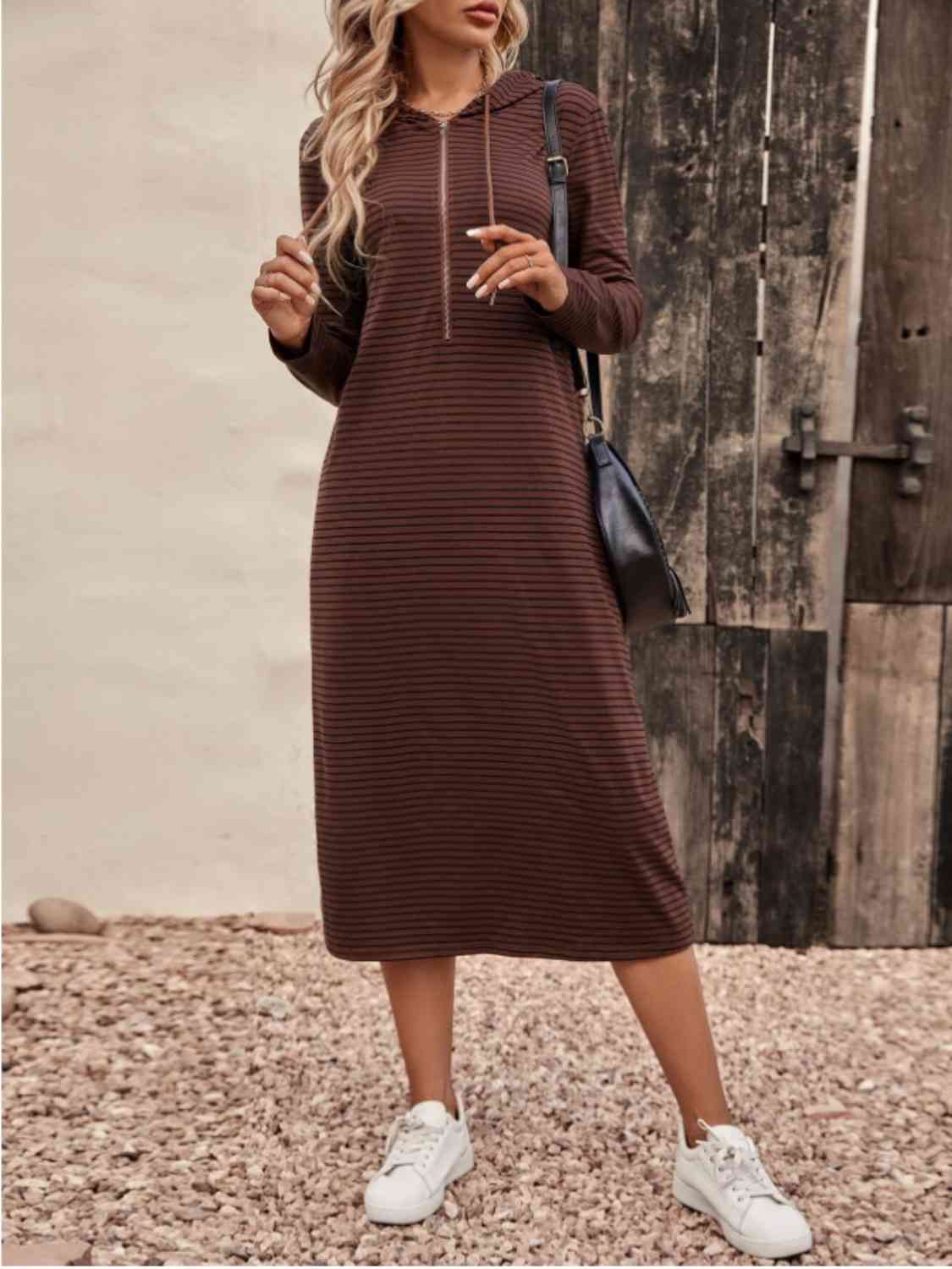 Striped Zip Front Hooded Dress