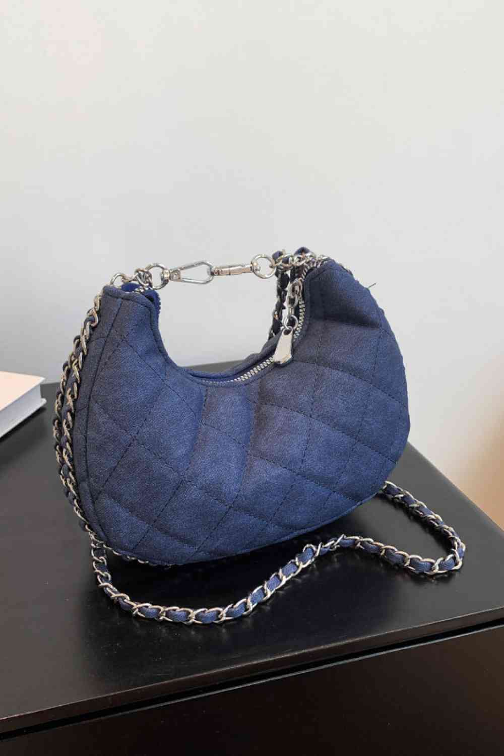 Denim tufted PU leather handbag