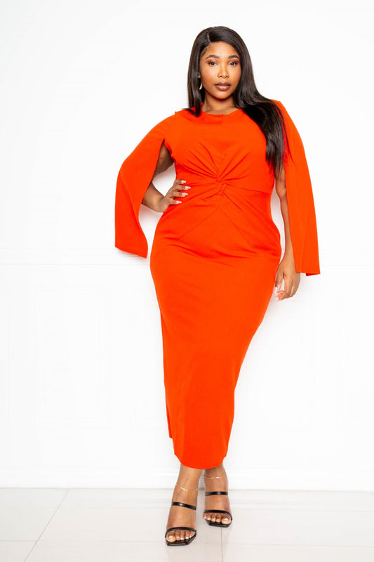 Orange Cape Sleeve Dress With Know Detail