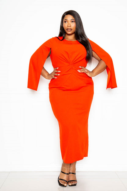 Orange Cape Sleeve Dress With Know Detail