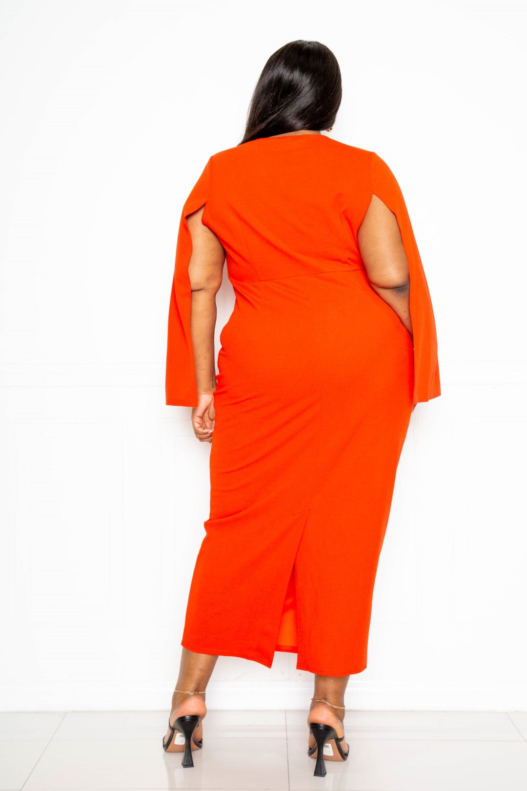 Orange Cape Sleeve Dress With Know Detail