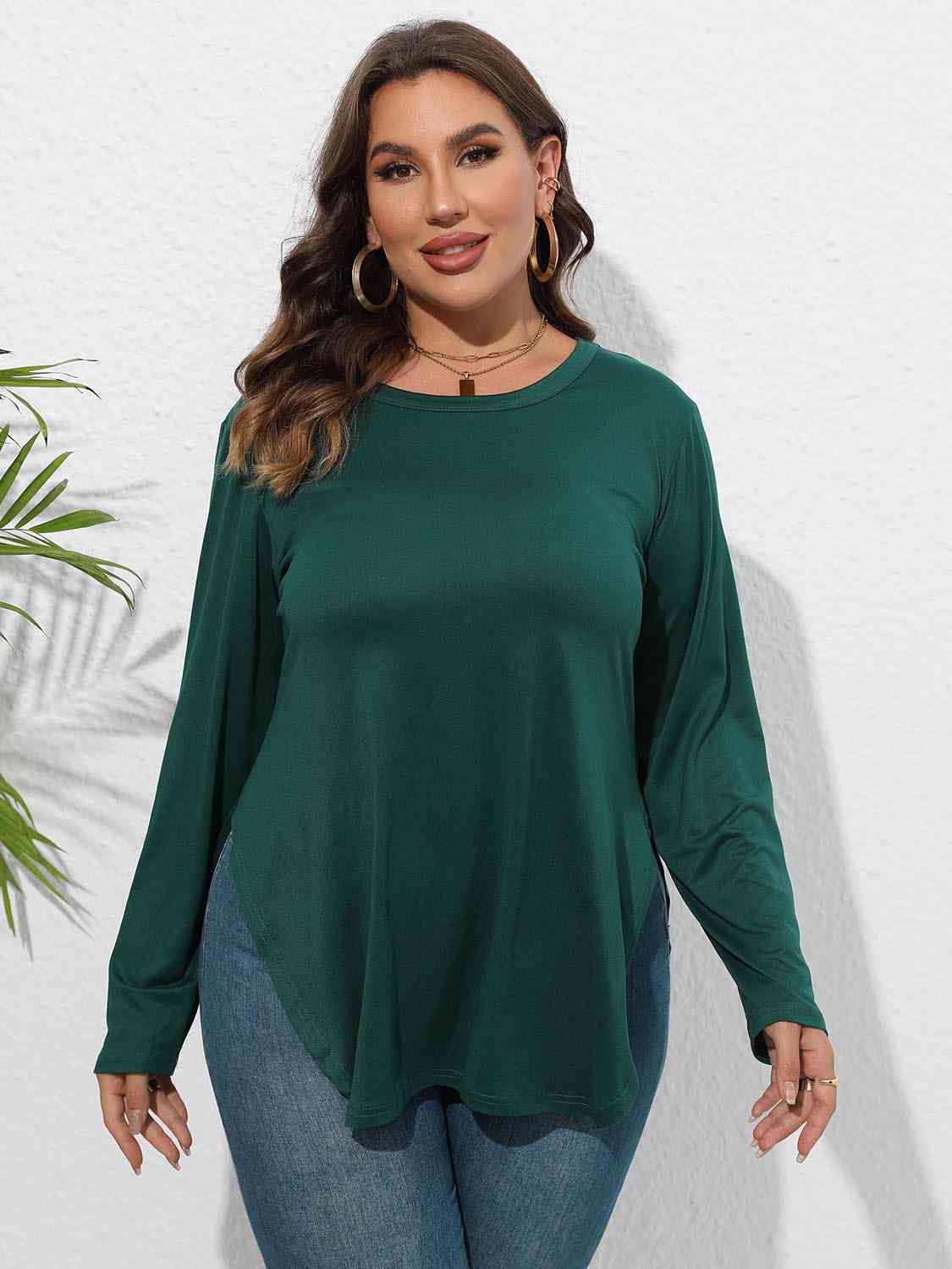 Plus Size Round Neck Long Sleeve Slit T-Shirt