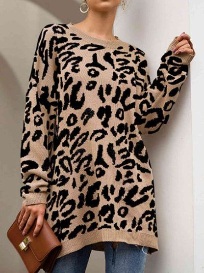 Leopard Round Neck Tunic Oversized Sweater